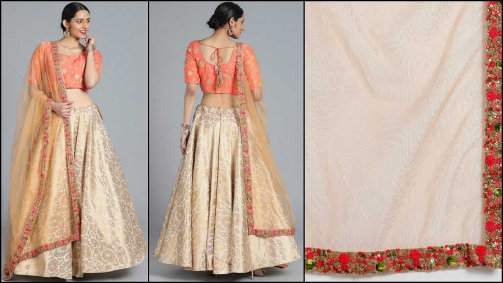 Peach-Coloured & Beige Embroidered Lehenga & Blouse WIth Dupatta