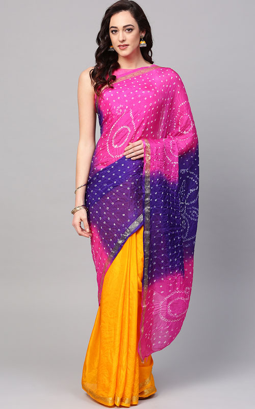 Pink & Yellow Half & Half Dyed Bandhani Saree