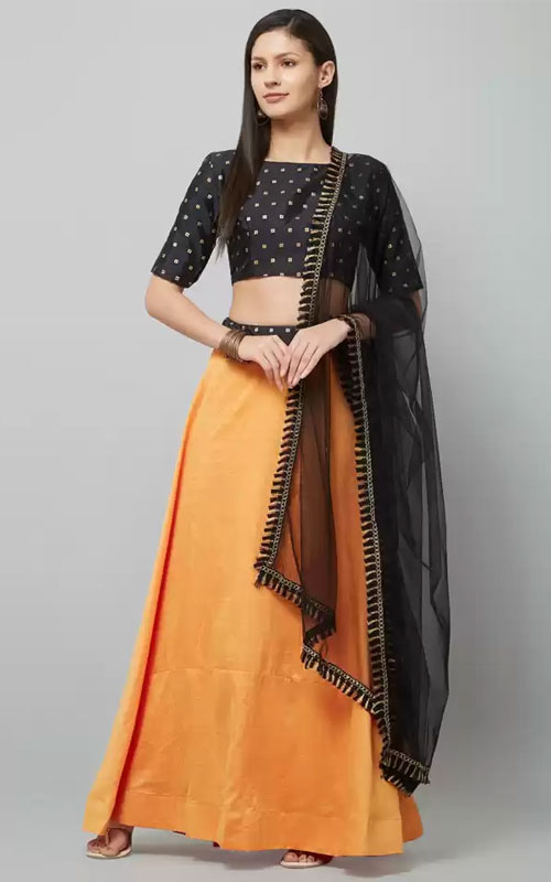 Polka Print Solid Semi Stitched Lehenga