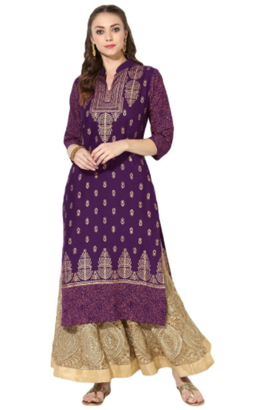 Purple Cotton Block Print Long Straight Kurta