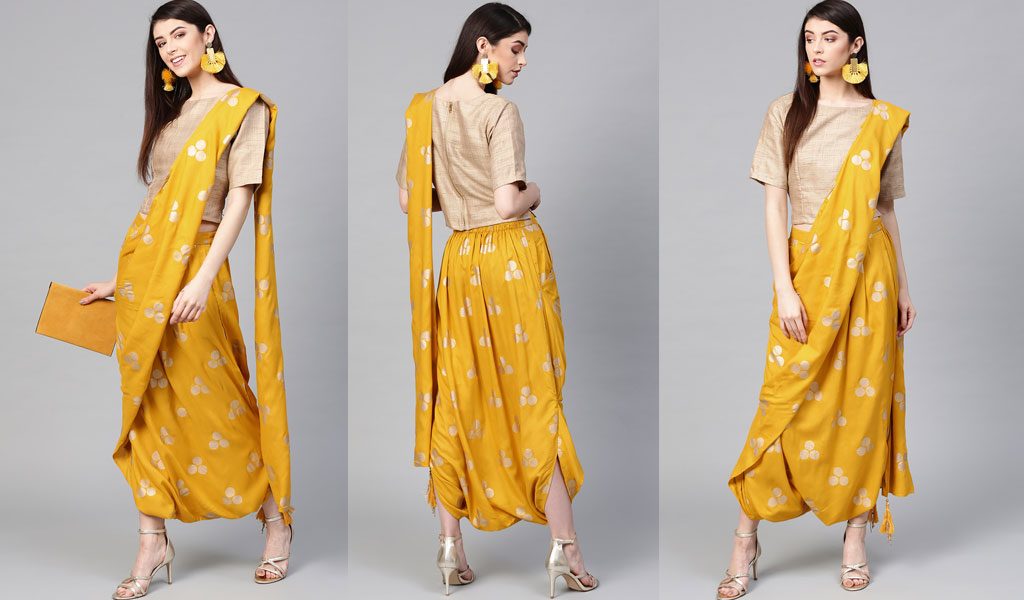 Mustard Yellow Printed Dhoti Saree