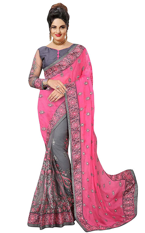 Satin Net Embroidery Saree