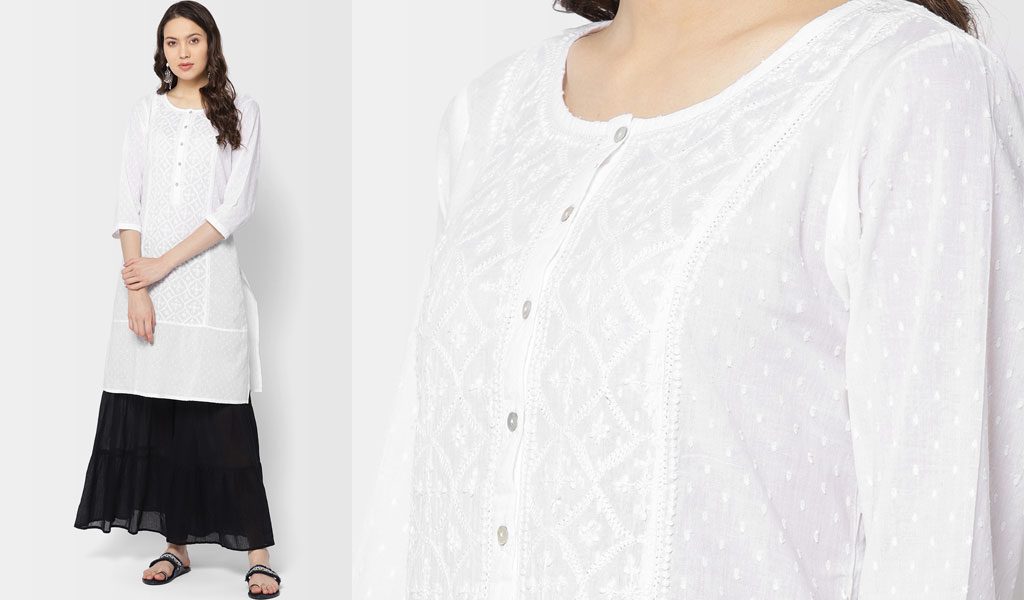 White Chikankari Embroidered Straight Kurta