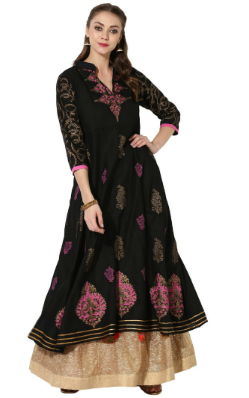 Women's Black Block Print Cotton Anarkali Kurti