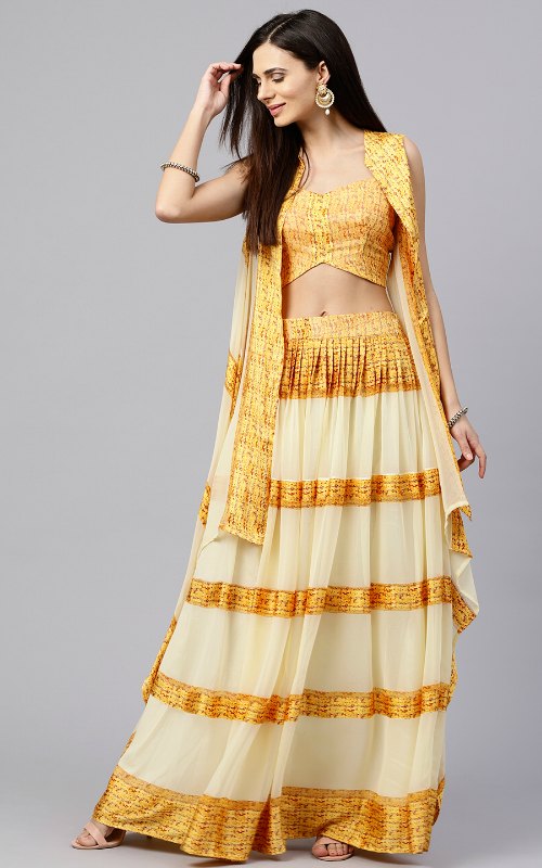 Yellow & Cream Coloured Striped Lehenga Choli