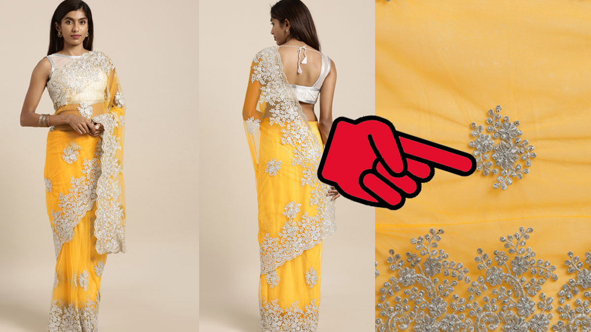Yellow & Silver-Coloured Net Embroidered Heavy Work Saree