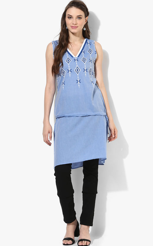 Sleeveless Pure Cotton Kurti in Faded Blue