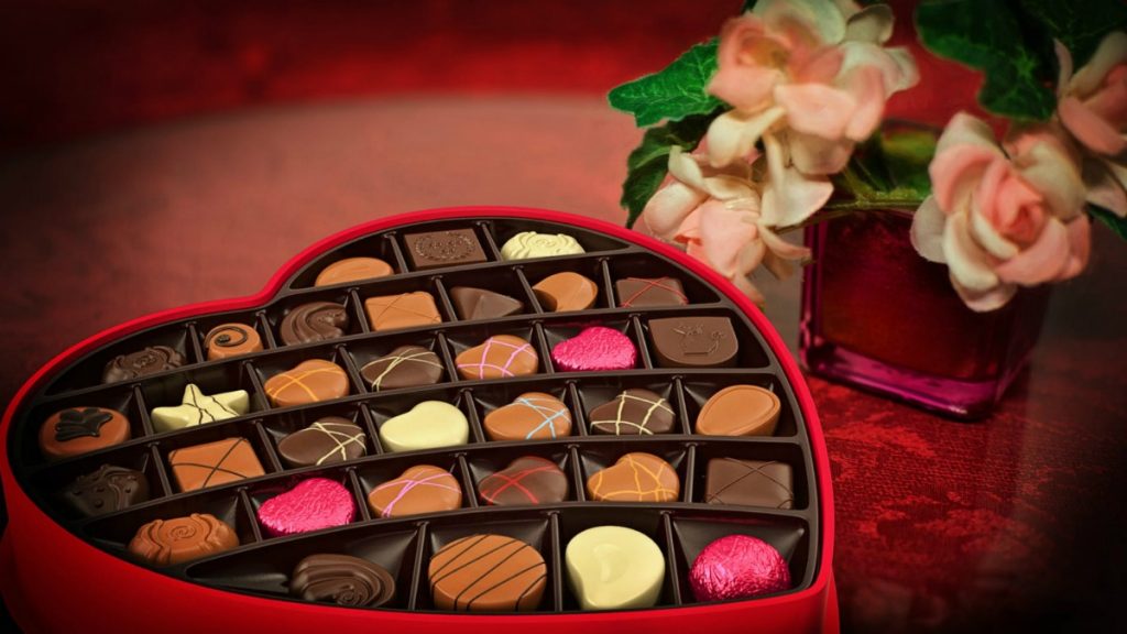 chocolates in a heart shaped gift box