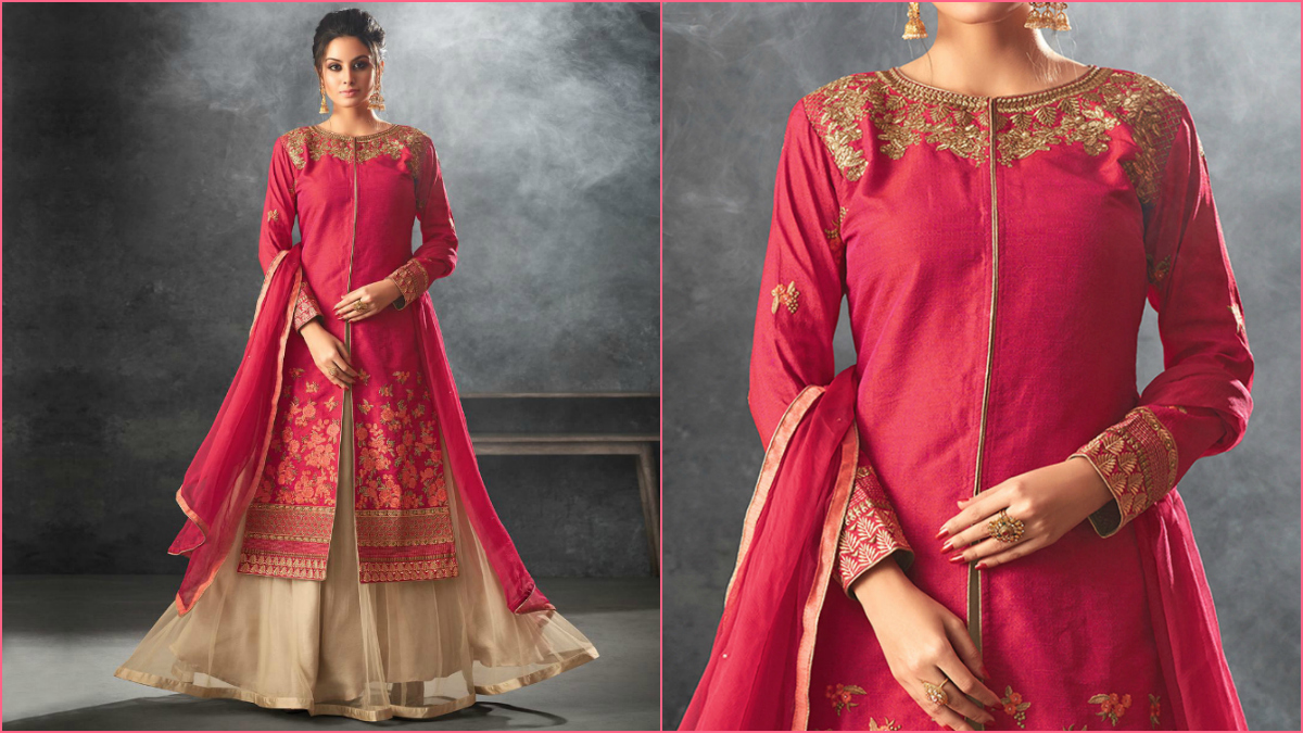 Dark pink coloured party wear lehenga kurti