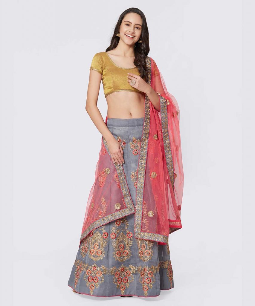 Grey Lehenga, Crop Top & Dupatta