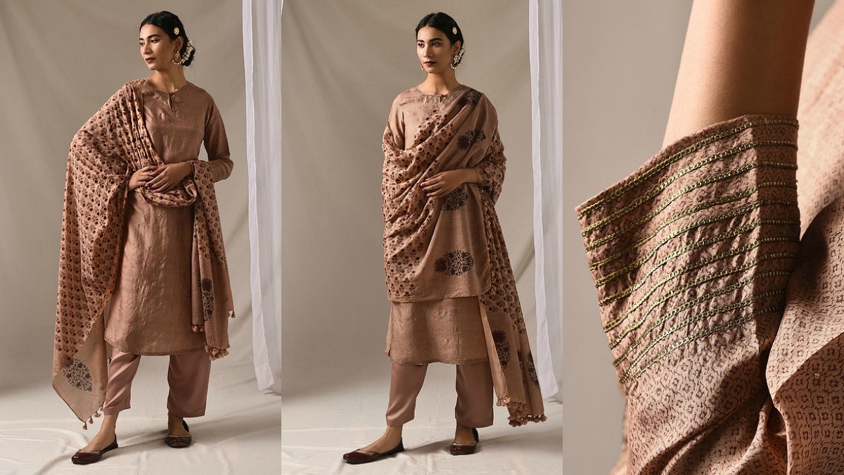 Beige Block Printed Mulberry Silk Kurta with Mukaish