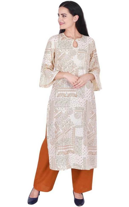 Beige Printed Bell Sleeves Kurta