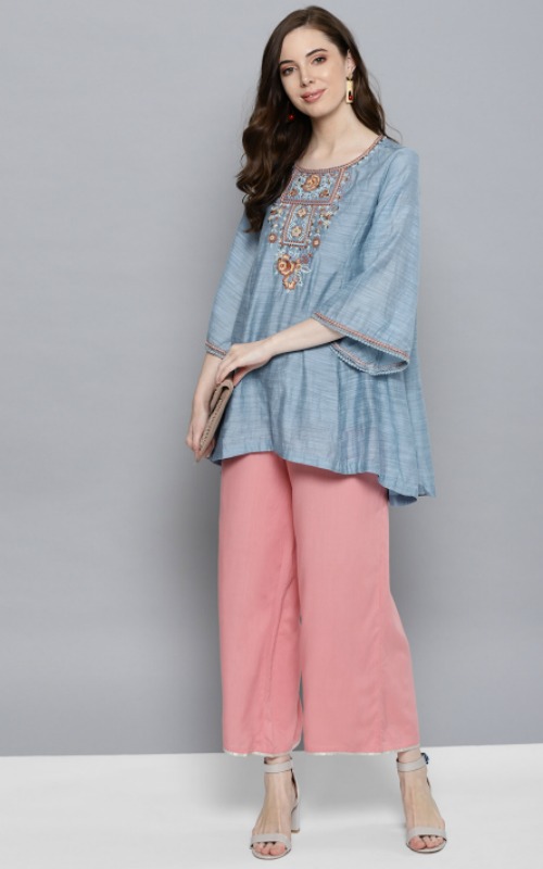 Blue Thread Work Embroidered A-Line Kurti