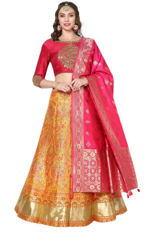 Ethnic Wear Lehenga Choli In Hot Pink & Yellow