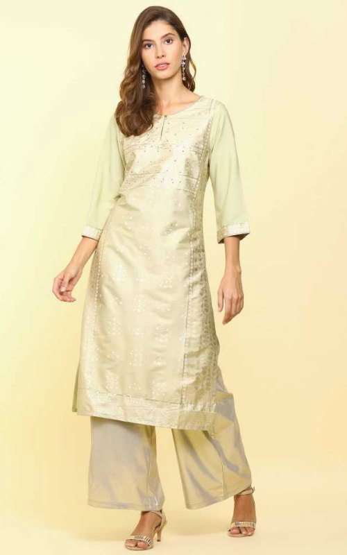 Gold Light Green Printed Straight Kurta
