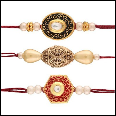 Gold Plated Stone & Pearl Studded Set Of 3 Rakhis