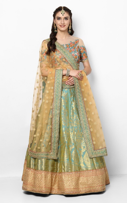 Green Beige Brocade Embroidered Lehenga