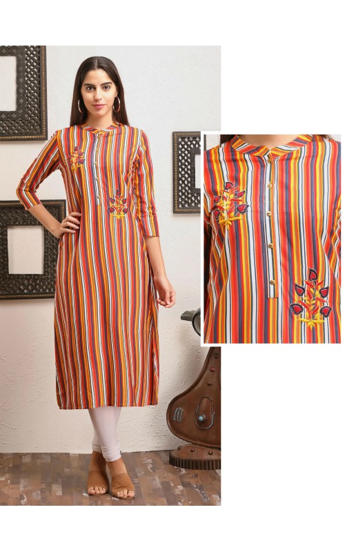 Multicoloured Striped Accentuated Thread Work Kurti