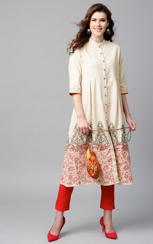 Off-White Block Print Kurta With Potli Bag