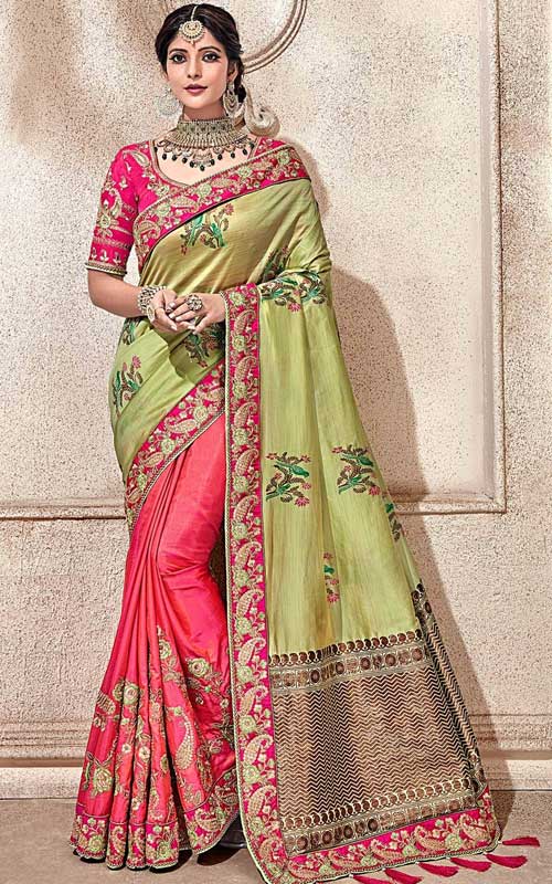 Pink & Green Half Banarasi Saree