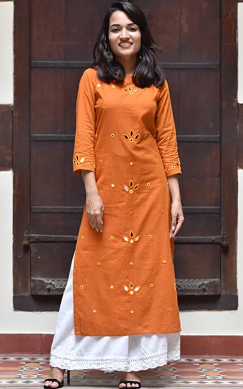 Orange Mirror Work Kurta