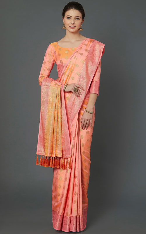 Peach-Coloured Silk Blend Woven Design Banarasi Saree