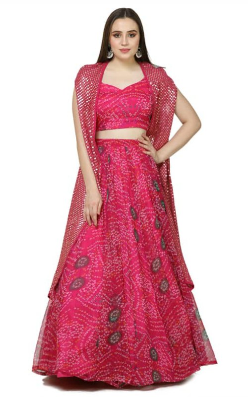 Pink Bandhani Lehenga Set With Cape