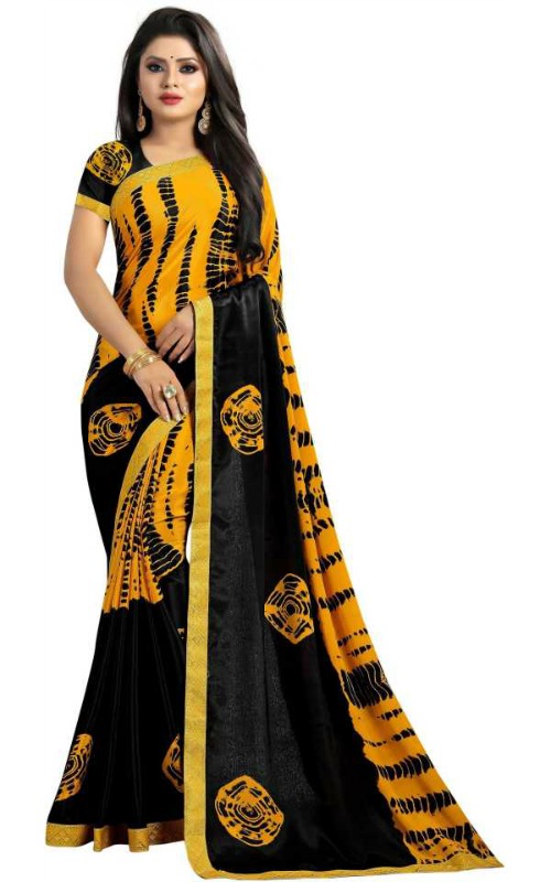 Printed Bandhani Chiffon Saree In Yellow Black