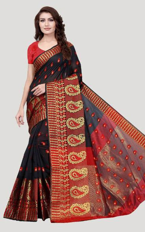 Red & Black Paisley Motif Jacquard Saree