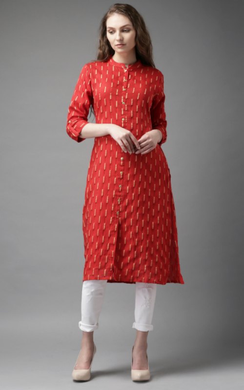 Red Gold Toned Brocade Straight Kurta