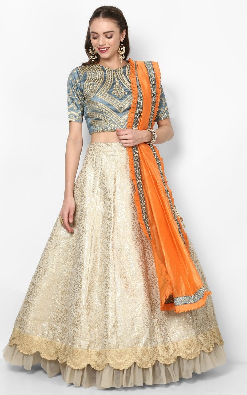 Slate Blue Embroidered Blouse With Brocade Lehenga & Dupatta