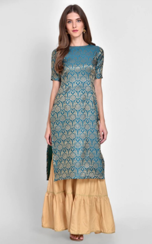 Teal Silk Blended Straight Kurta