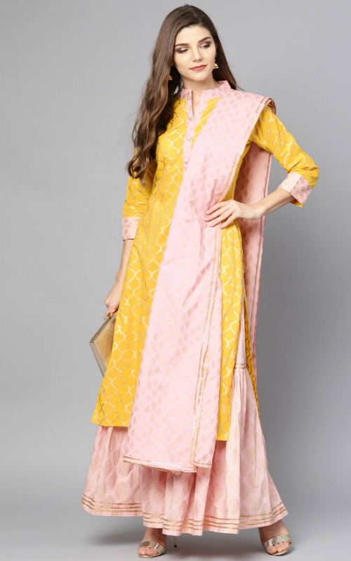 Yellow & Peach Coloured Printed Kurta