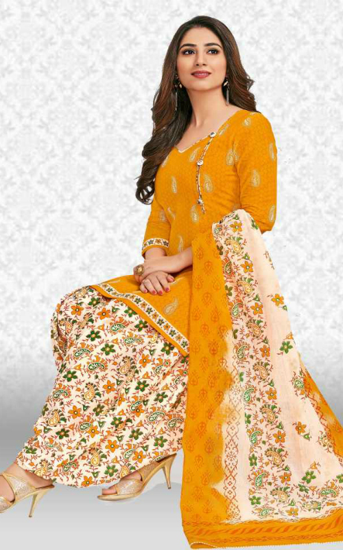 Yellowish Patiala Style Cotton Blended Suit