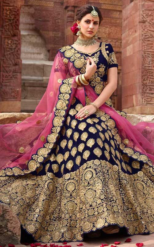 Blue Circular Lehenga in Taffeta Silk