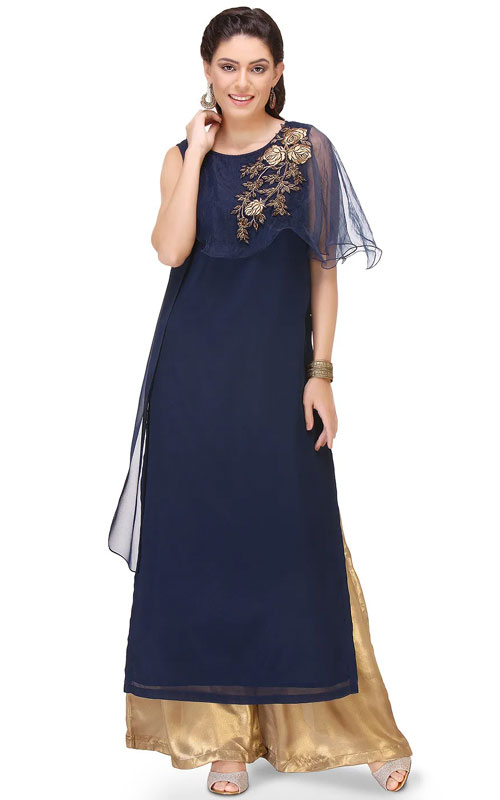 Navy Blue Kurti with Gold Floral Cape