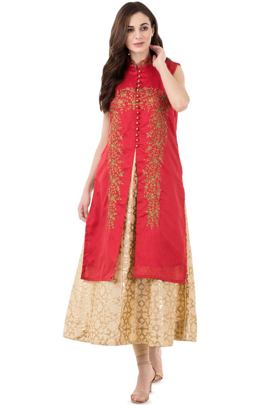 Red A-Line Kurti with Golden Embroidery