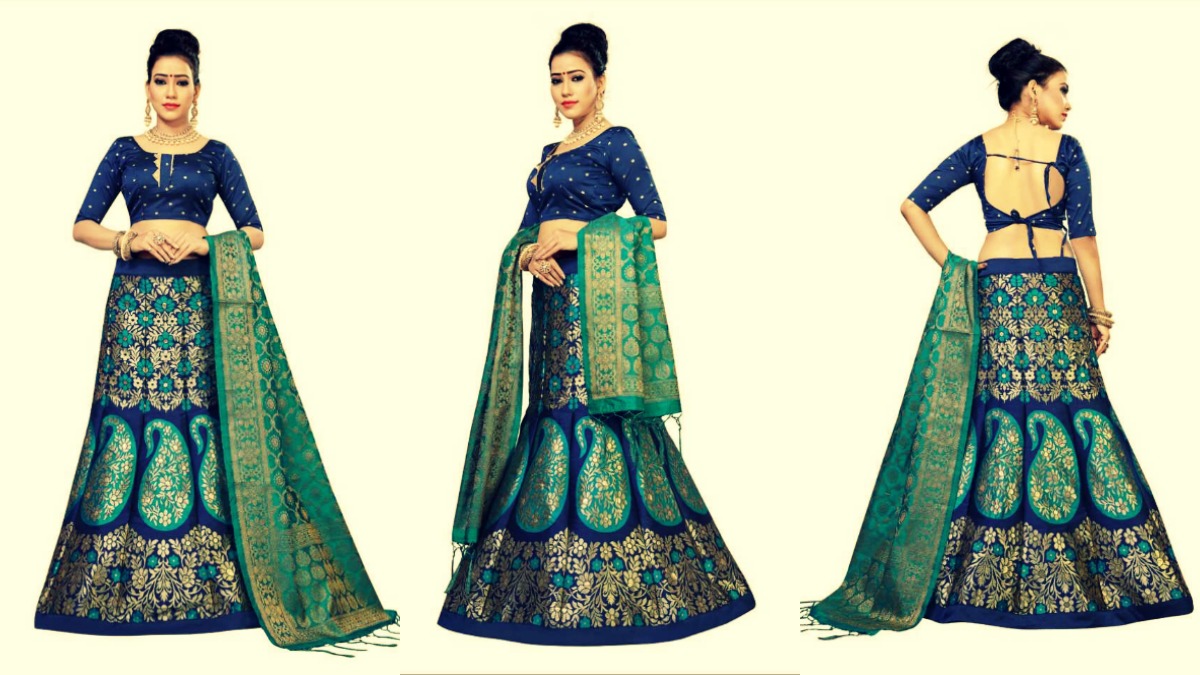 Green & Blue Semi-Stiched Lehenga Choli