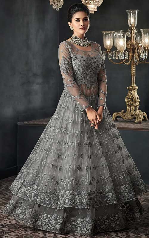 Grey Net Lehenga in Indo-Western Style