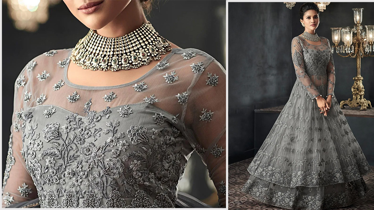 Grey Net Indo-Western Lehenga