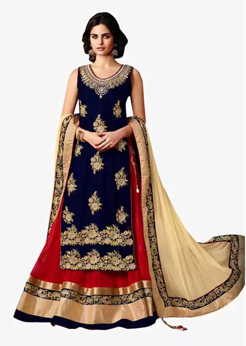 Red Lehenga with Long Blue Kameez