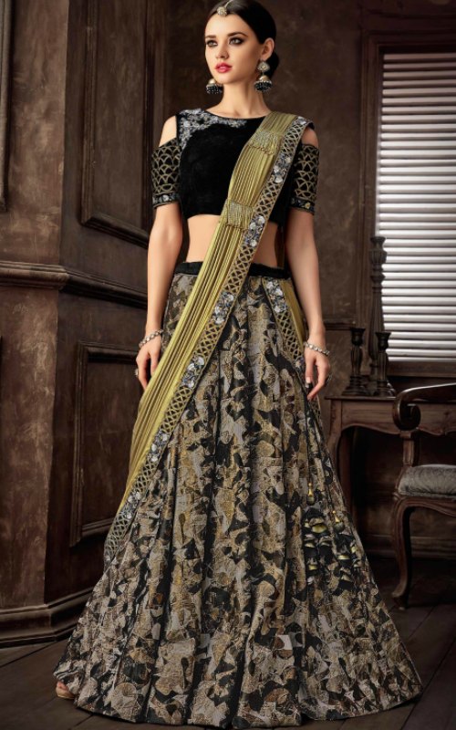 Black & Golden Jacquard Silk Lehenga Saree