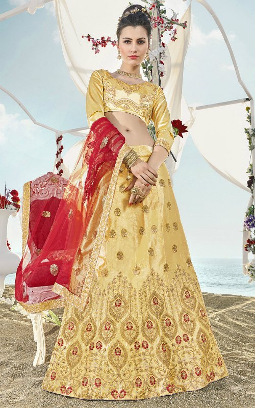 Yellow Gold Lehenga-Choli with Pink Dupatta