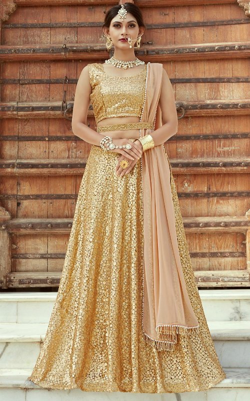 Golden Net Lehenga with Beaded Lace