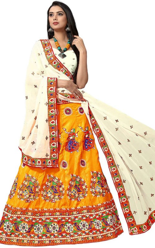 Satin Lehenga with Mirror & Gomti Work