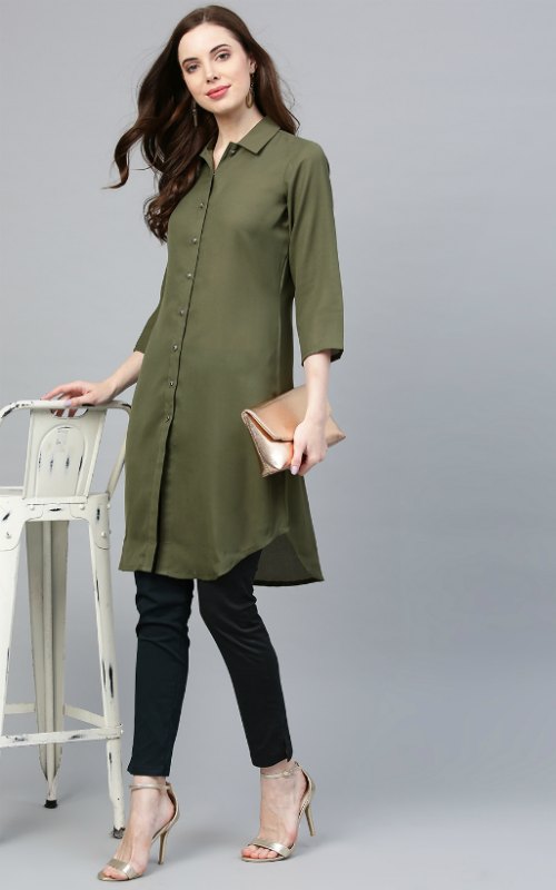 Solid Green A-Line Kurti