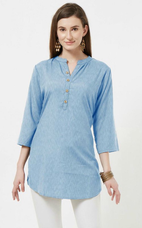 Sky Blue Kurti with Light Zig-Zag Pattern