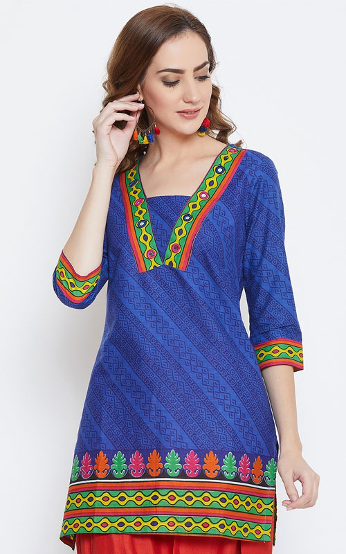 Printed A-Line Kurti in Blue