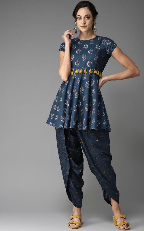 Printed Blue Kurti With Stylish Dhoti Bottoms
