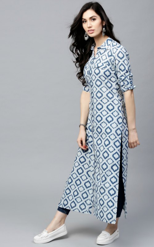 Off-White & Navy Blue Straight Kurta